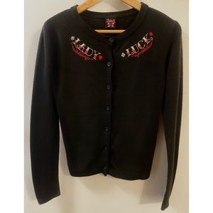 Vtg 90's * Lucky 13 ** Lady Luck ** Pinup Embroidered Cardigan Sweater sz MED